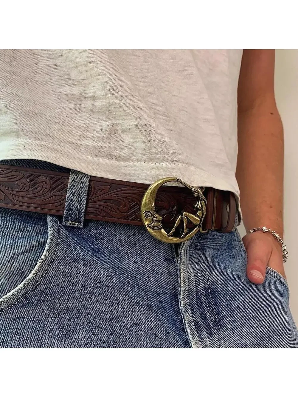 Half moon and Woman belt buckle brown belt. 44 inches length